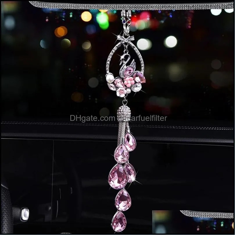 Interior Decorations Bling Girl Car Accessories Lucky Star Swan Crystal Hanging Ornaments Rear View Mirror Decoration Luxury