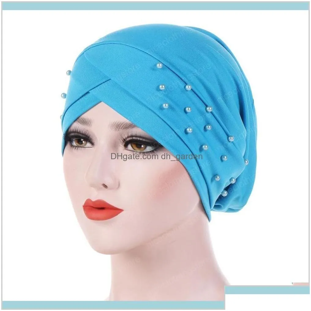 Women Beads Elastic Turban Hat Muslim Chemo Cap Arab Hair Loss Head Scarf Wrap Cover Skullies Beanies Random Color Wv7Wz Beanieskull C