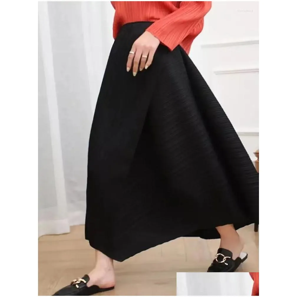 skirts miyake pleated 2023 autumn high waist loose irregular skirt korean black khaki short womens clothing.