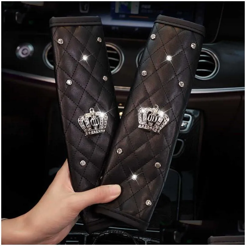 safety belts accessories 2pcs fashion rhinestone leather car sefety seat belt cover crystal crown universal shoulder pad car styling interior accessories