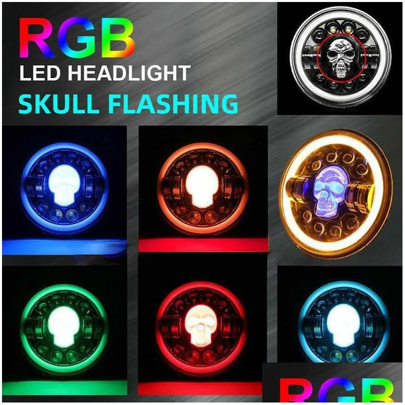  1 / 2pcs 7inch headlight led running lamp skull angel eyes colorful halo drl for jeep wrangler lada 4x4 niva off road motorcycle
