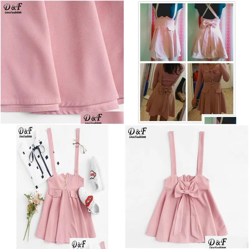 dotfashion pink button detail bow back pinafore skirt preppy style girls fit and flare skirt 2019 summer cute skirt y190430021484874