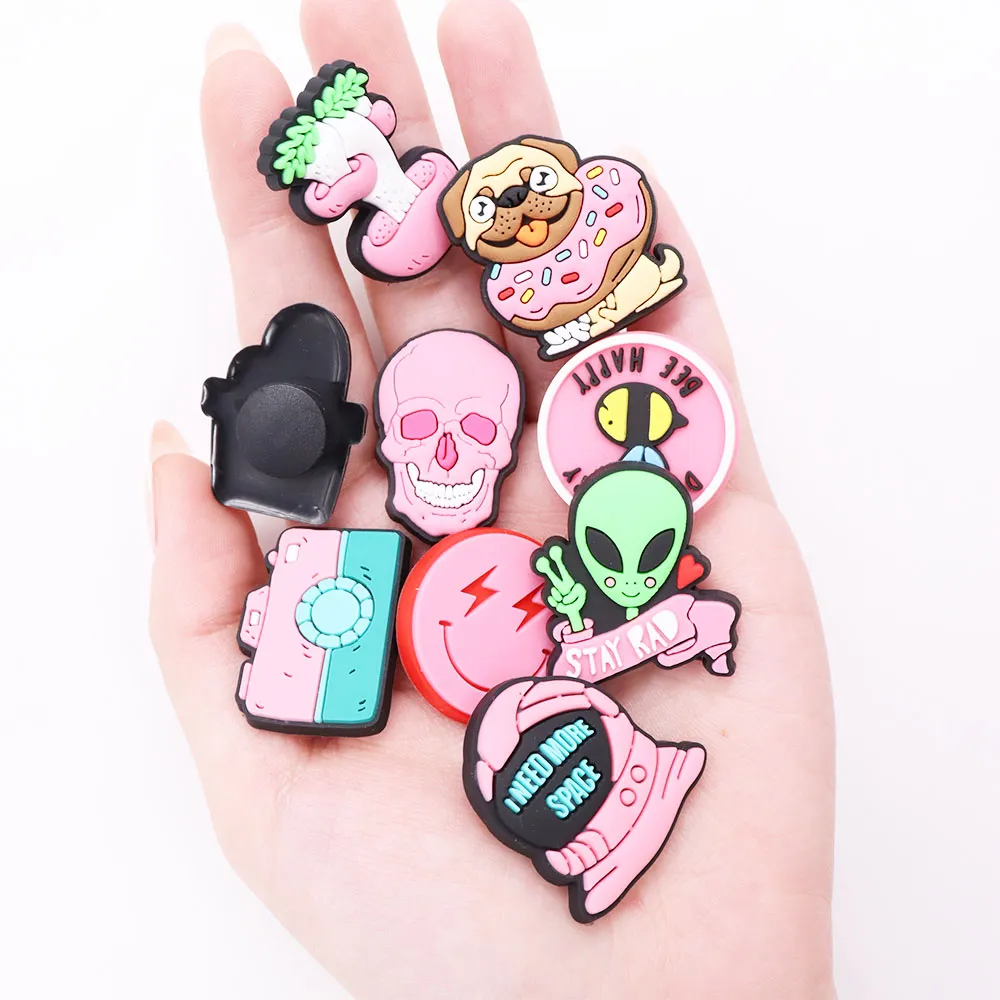 smile face pink dogs plants camera skull alien pvc garden shoe charms shoes decorations clog jibz diy wristband party gifts shoe decorations aliexpress