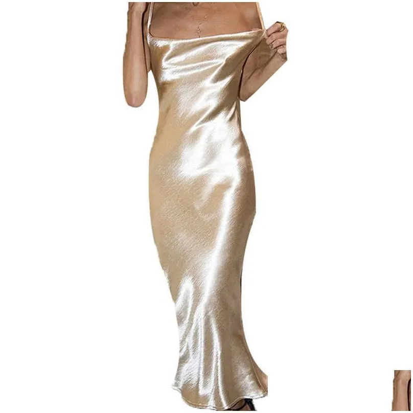 summer women satin long dress sexy sleeveless backless spaghetti strap silk mermaid es female nightclub party maxi 210701