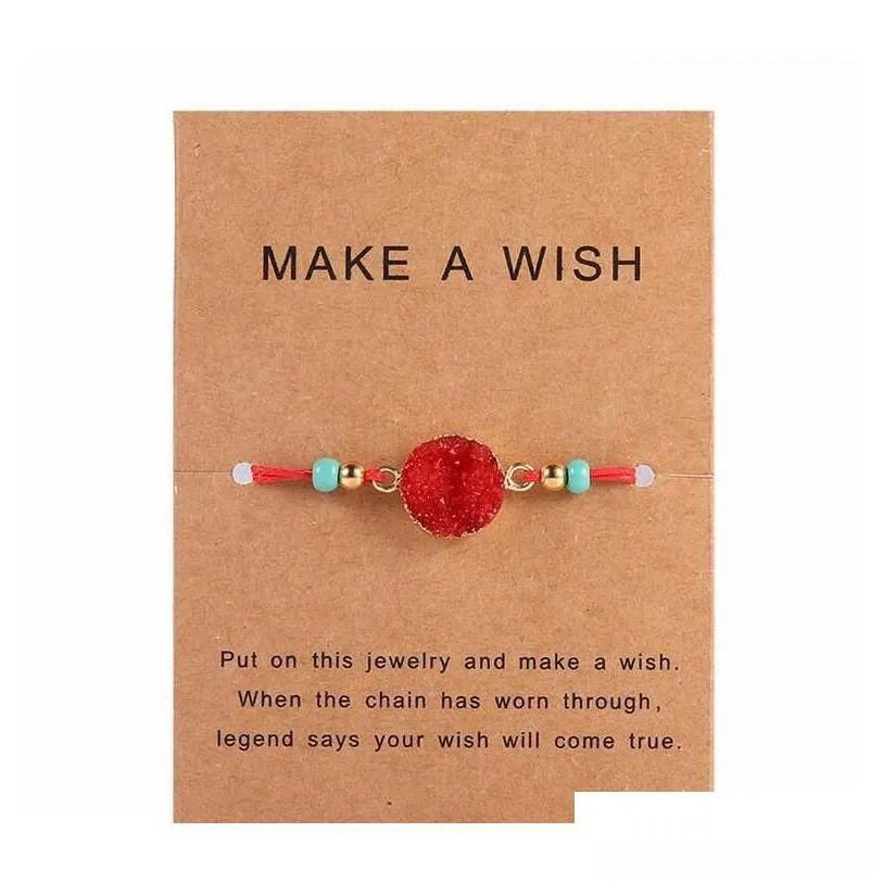 handmade druzy resin stone bracelet make a wish card wax rope braided bracelets bangles with rice bead for women girls jewelry