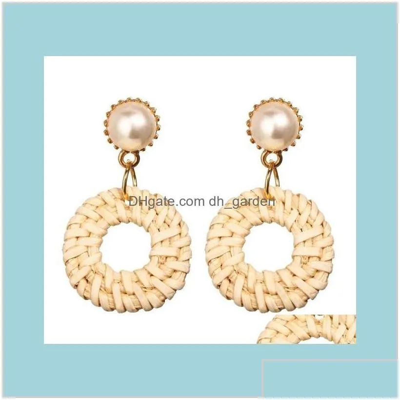 Unique Design Small Geometric Stud For Women Round Circle Wooden Imitation Pearls Creative Woven Beige Earring Czaoz Dangle Chandelier