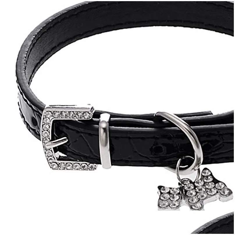 Dog Collars & Leashes Small Bling Crystals Diamonds Crocodile Leather Belt Puppy Collar Rhinestone Inlaid Buckle Chain Adjustable