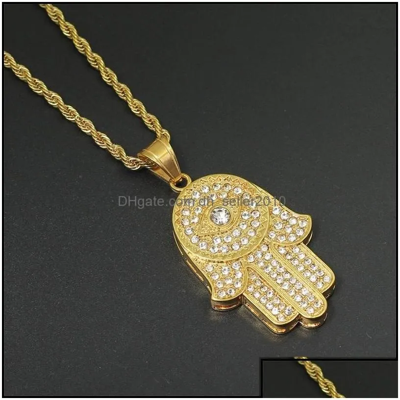 Pendant Necklaces Hip Hop Bling Jewelry Iced Out Cool Boy Mens Necklace Hamsa Hand Pendant Gold Sier Plated Cz Cubic Zirconia Hiphop