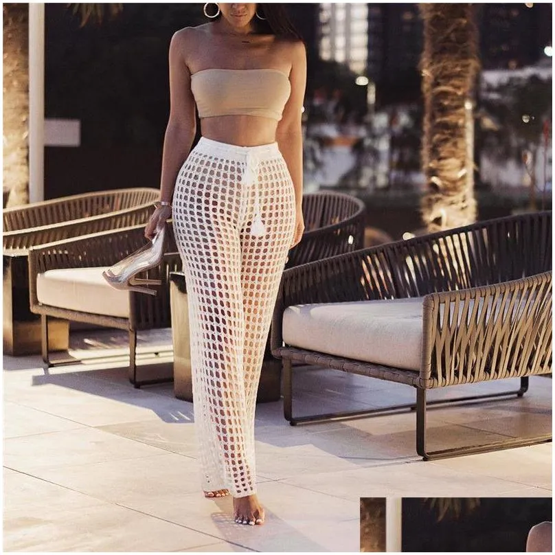 adogirl women beach flare pants solid knitted hollow out fishnet wide leg pants high waist lace up sashes night club trousers y200418