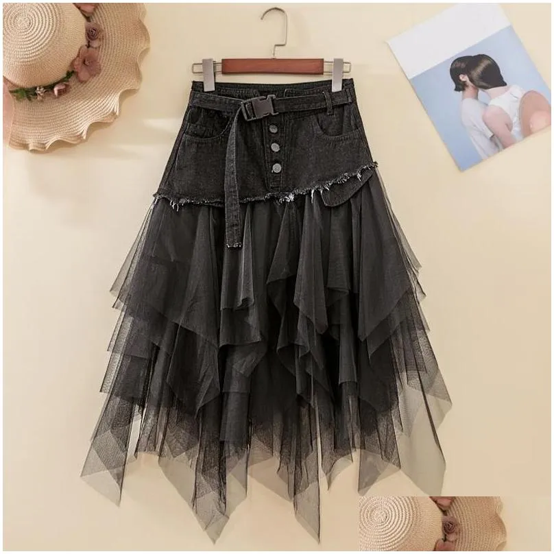 summer denim saia jeans skirt women irregular high waisted meshwork long pleated mid-calf tulle skirts tutu high street y200326