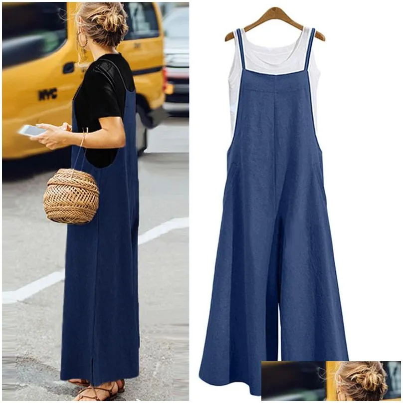 elegant fashion women cotton linen long wide leg romper strappy bib overalls casual loose solid simple jumpsuit trousers suit y200106