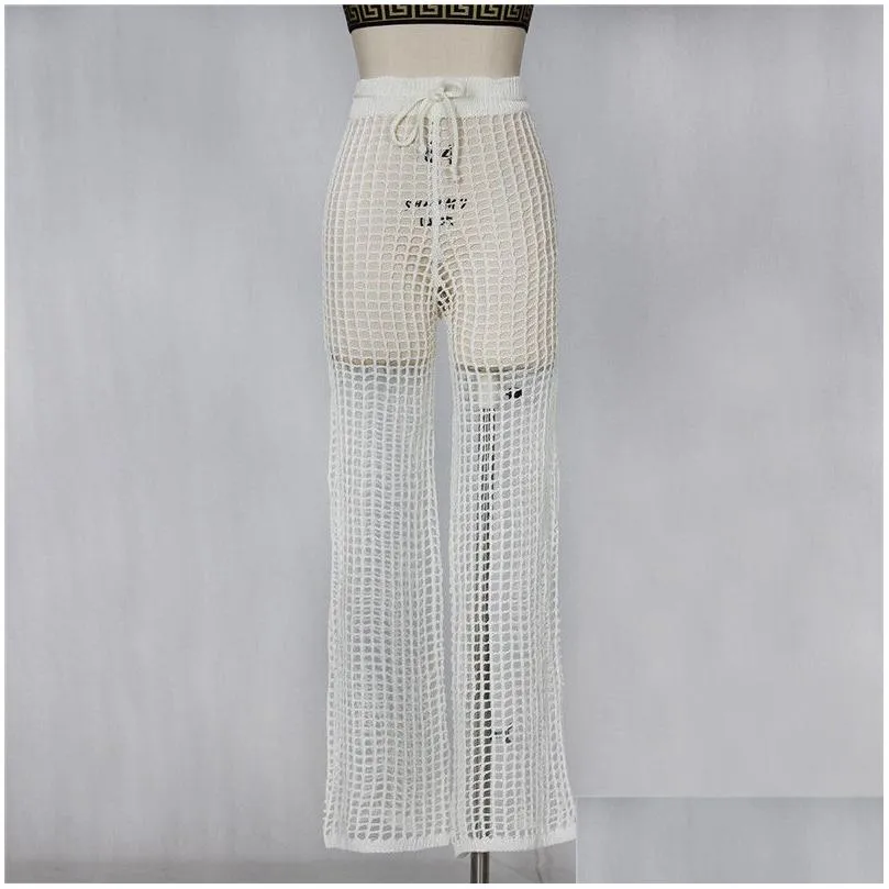 adogirl women beach flare pants solid knitted hollow out fishnet wide leg pants high waist lace up sashes night club trousers y200418