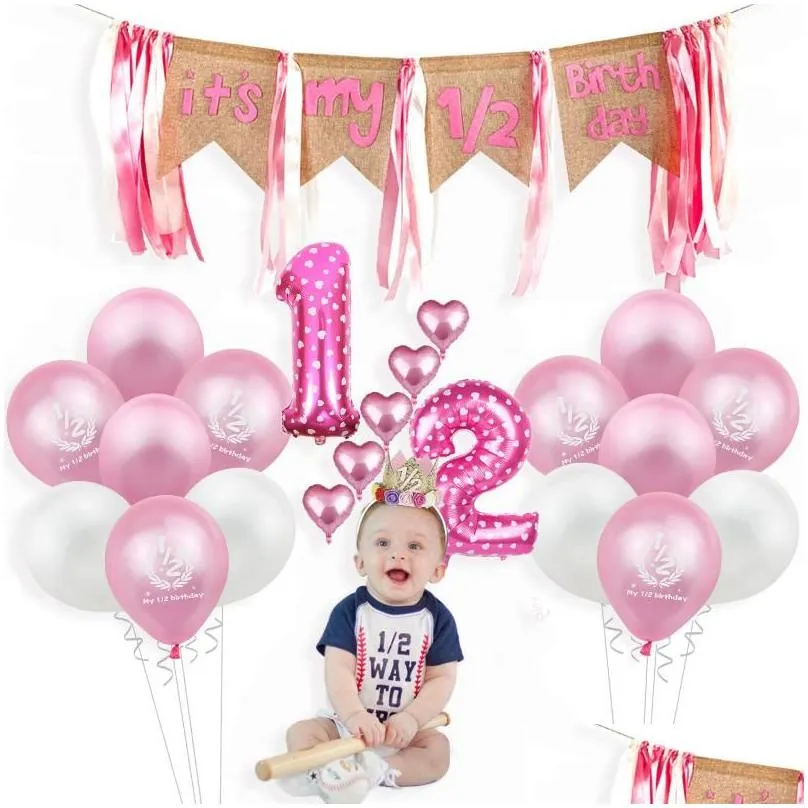 Party Decoration Half Birthday Decorations Kit It`s My 1/2 Banner Balloons Crown Hat For 6 Months Baby Boy Girl Shower Decor