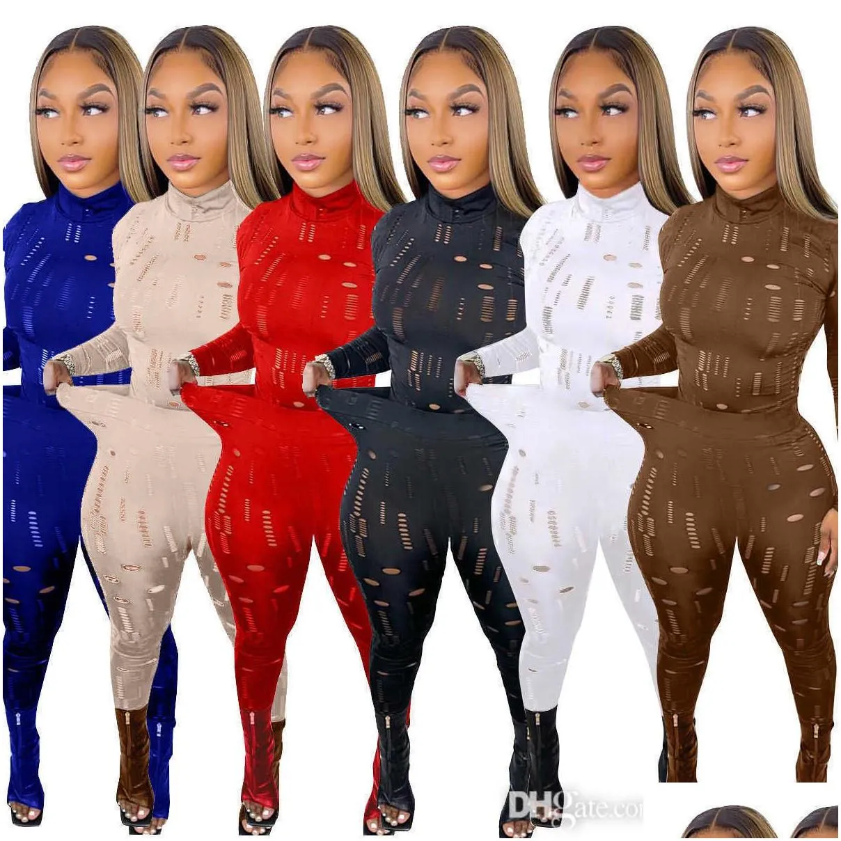 women elastic tracksuits sexy hole high neck long sleeve top and leggings set for spring and autumn 2023