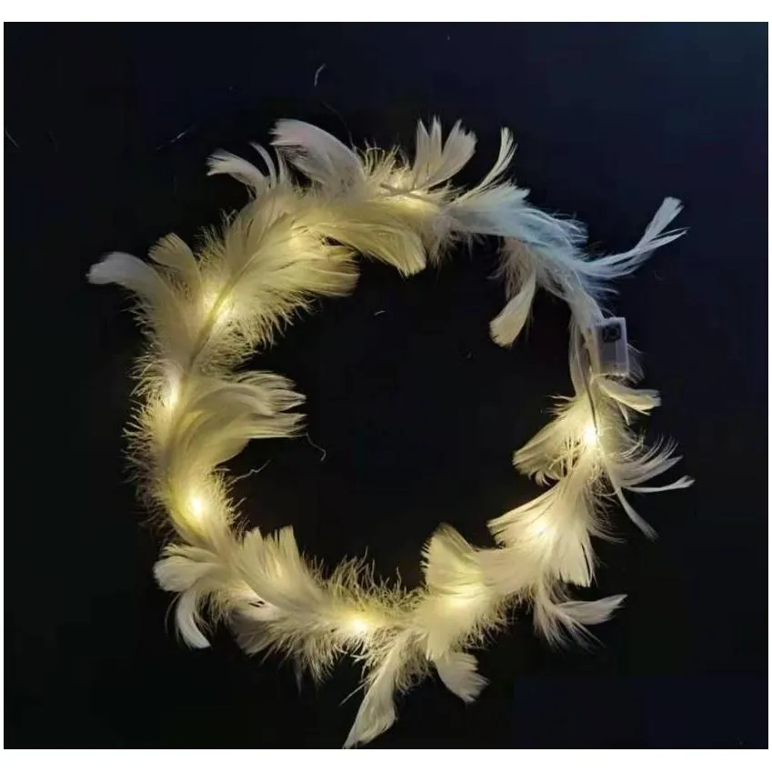 Party Decoration LED White Feather Head Garland Hairband Wreath Ladies Girls Angel Hen Night Fancy Dress Glow Headband Battery