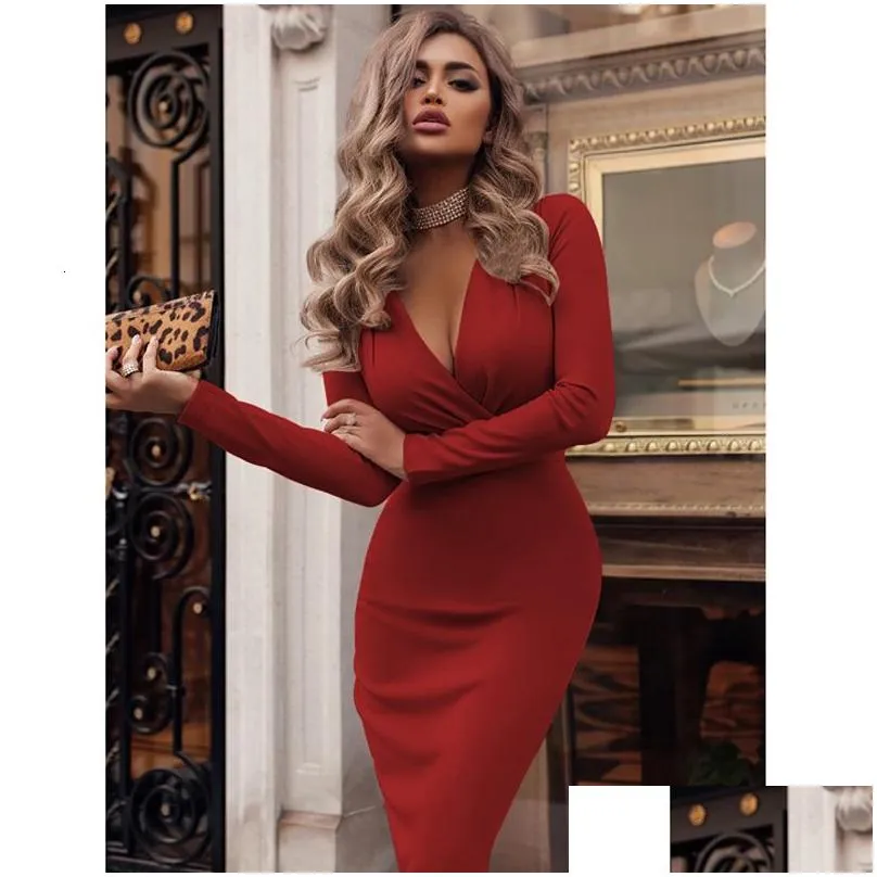 women dress autumn winter casual solid color long sleeve elegant office lady dress sexy deep v neck bodycon pencil party dresses