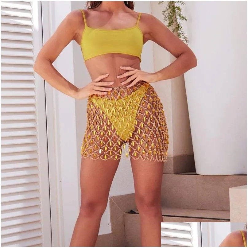 sexy metal chain sequins shining skirt women crazy summer beach hollow out crystal rhine diamond night club party mini skirts y200326