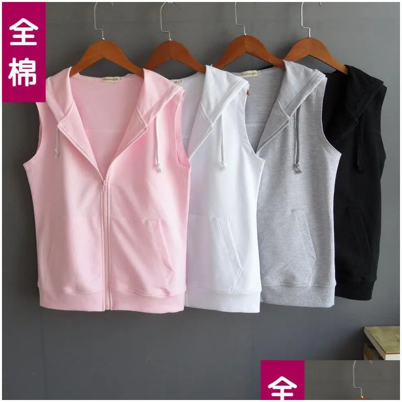 spring summer autumn women sleeveless cotton vest hooded vest solid color with zipper pocket coats plus size y200610