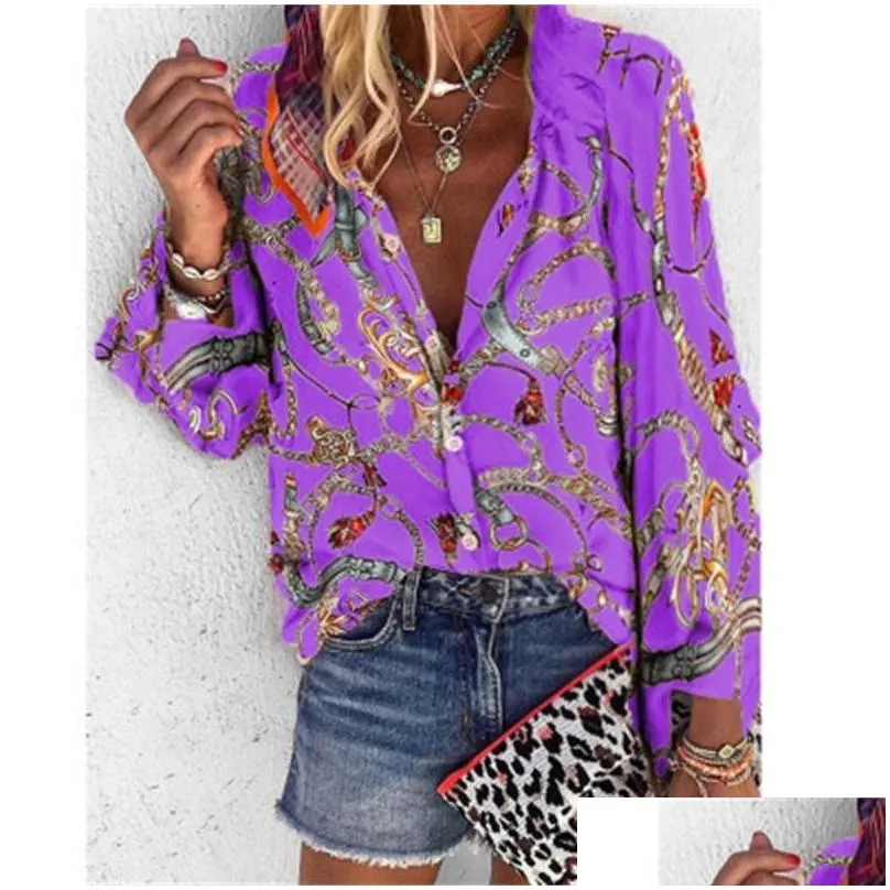 6 colors chiffon office women ladies blouse chain print shirts button long sleeve spring summer tops v neck blusas plus size y200828