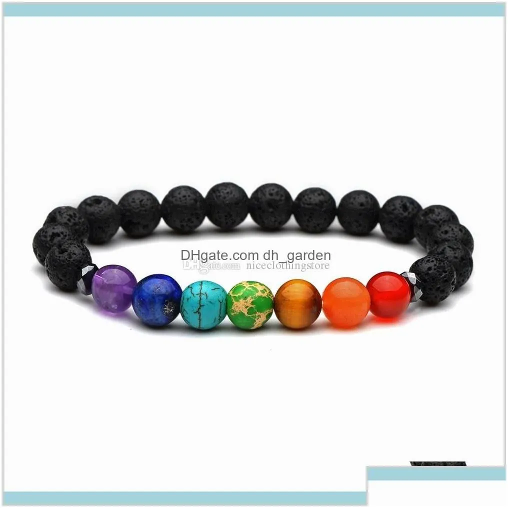 Yoga Jewelry Hnuy7 Charm Bracelets W60D9 8Mm Natural Black Lava 7 Chakra Reiki Aromatherapy Essential Oil Diffuser For Women