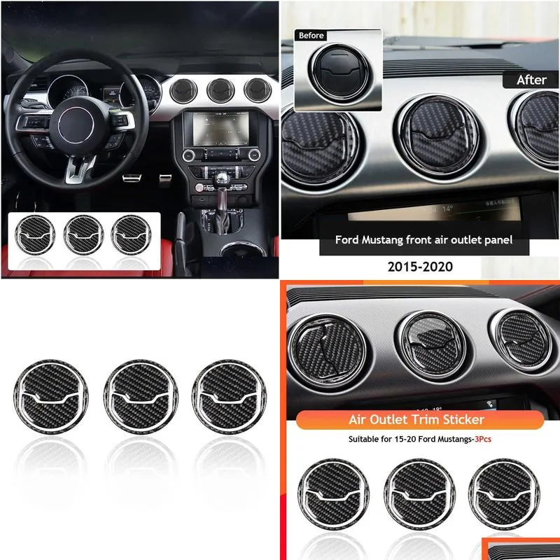  3pcs real carbon fiber interior trim sticker for ford mustang 2015-2020 air outlet dashboard vent cover car interior accessories