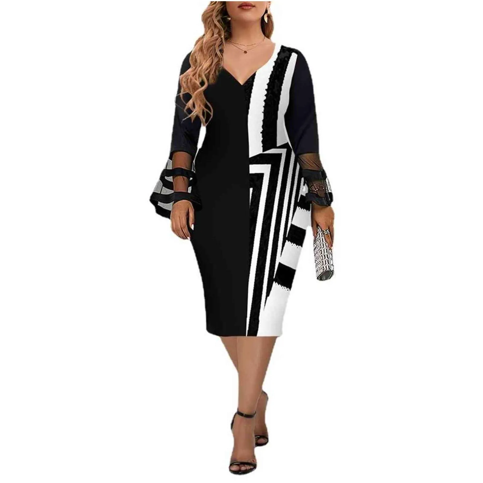 women dress plus size elegant mesh stitching color block long sleeve es black autumn mid christmas club party 211122