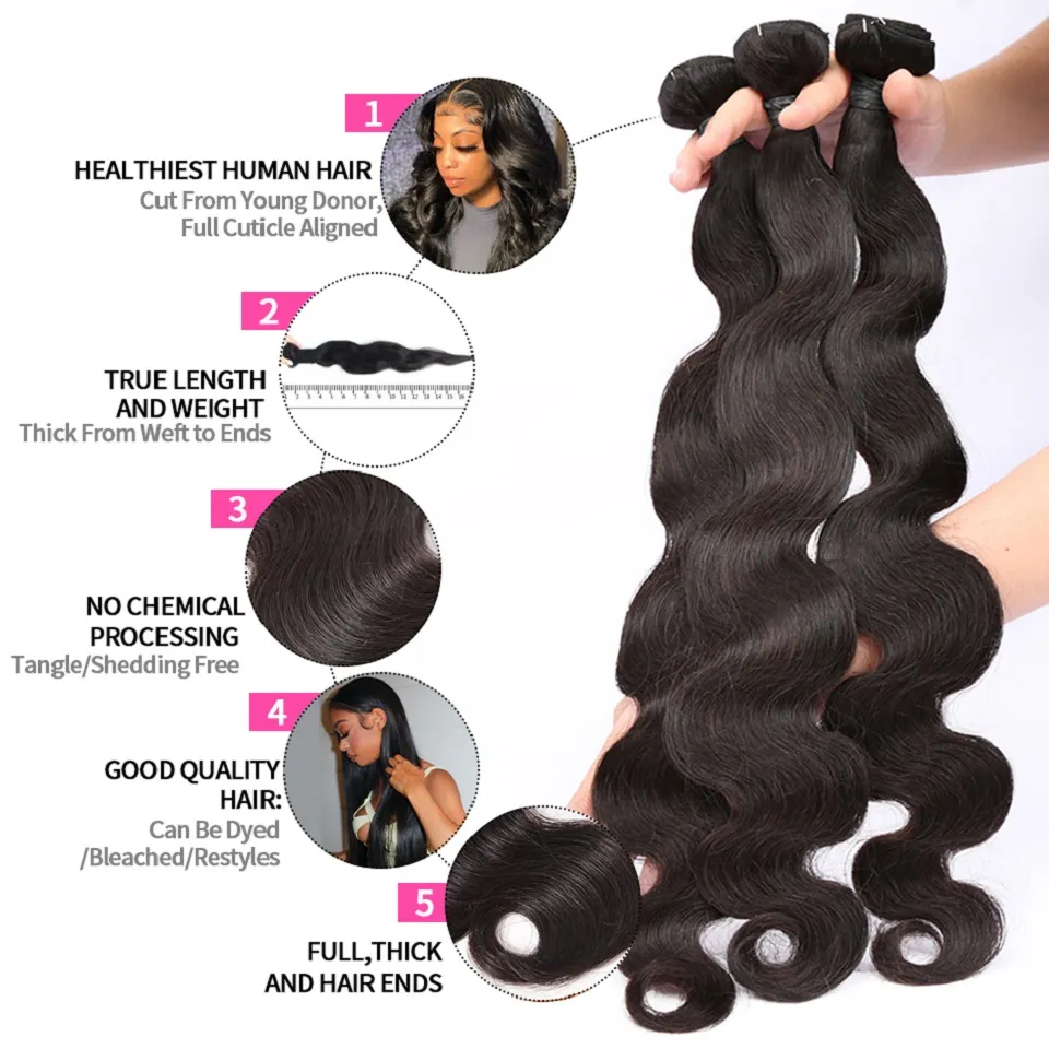 30 32 34 36 40 Inch Body Wave Bundles Brazilian Natural Color Hair Weave Bundles 3/Remy Human Hair Bundles for Black Women