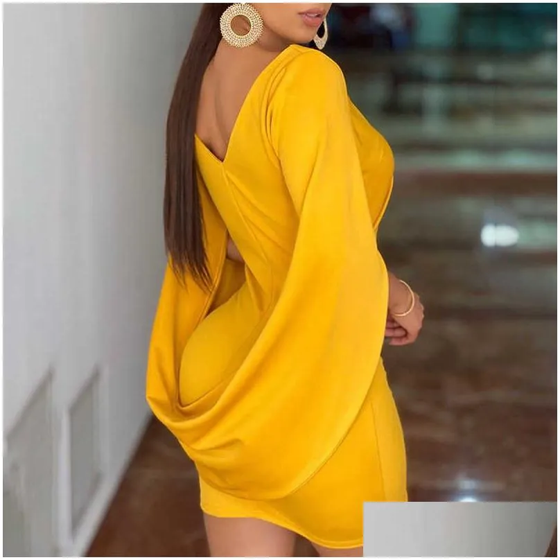 women cloak sleeve dress party runched long slim fit club bodycon mini 210701