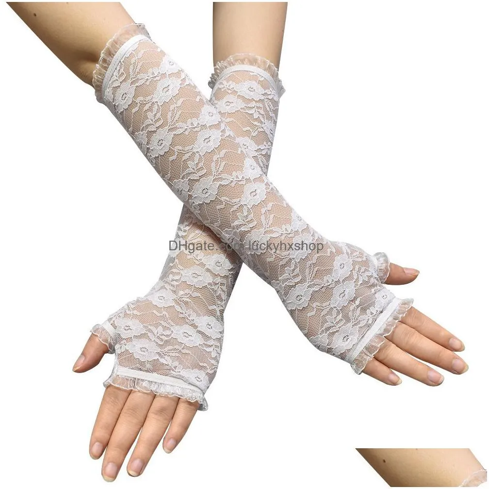 40cm wedding transparent fingerless gloves lace women black red white fashion spring bride sexy long mittens