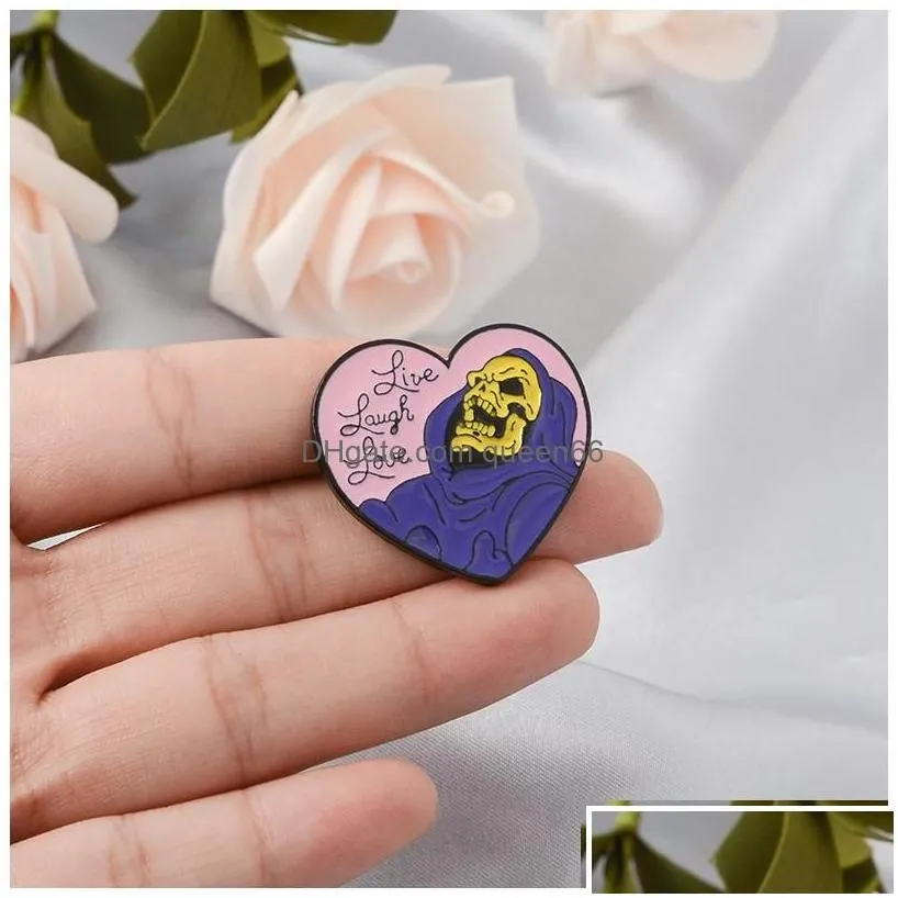 Pins Brooches Live Laugh Love Enamel Pins Heart Shape Skeleton Badge Brooch Lapel Pin For Denim Jeans Shirt Bag Gothic Jewelry Gift