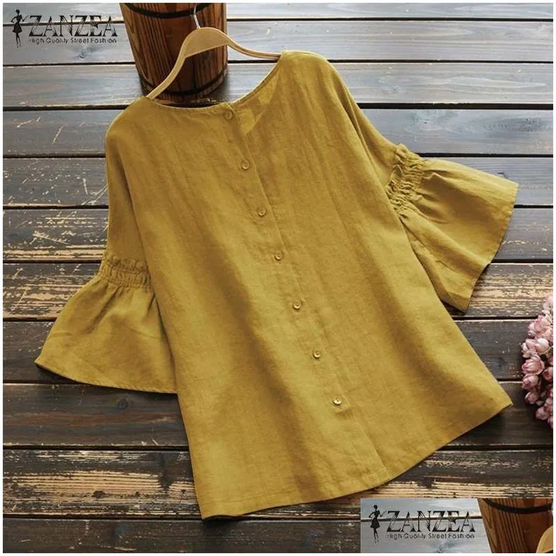 zanzea vintage ruffle sleeve tops summer womens blouse casual linen tunic female o neck blusas mujer shirt plus size s-5xl y200422