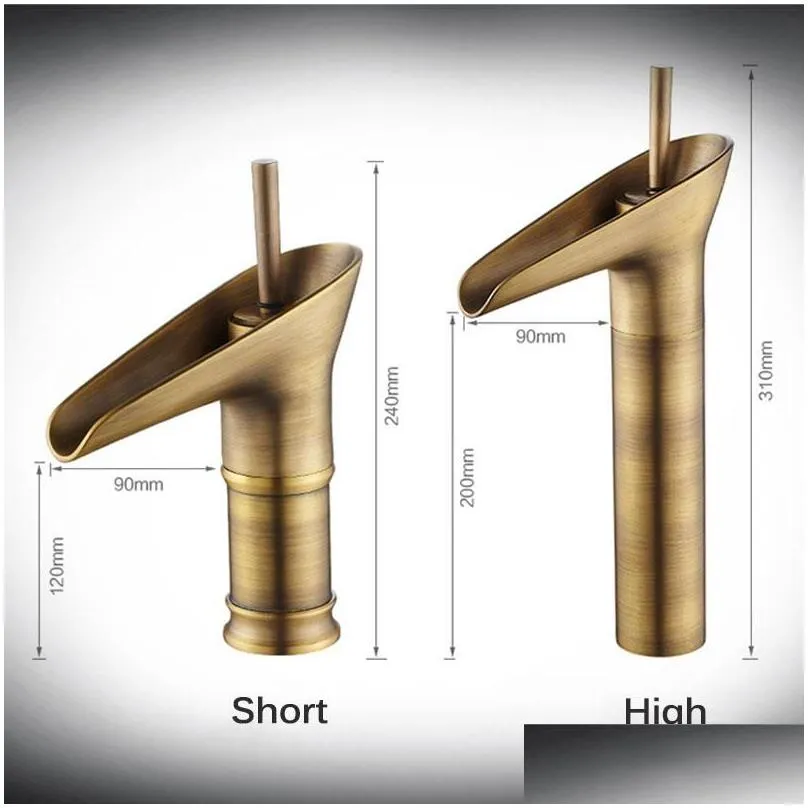 Bathroom Sink Faucets Antique Brass Open Spout Waterfall Basin Faucet Torneira Banheiro Wine Glass Single Handle Mixer Tap Vessel