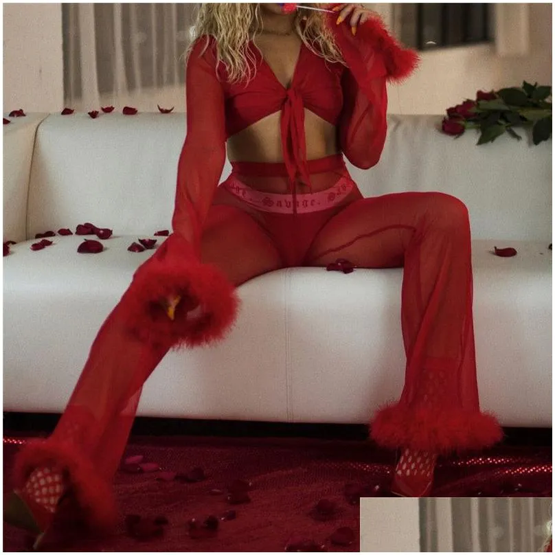 sexy see through tracksuits two piece set women fluffy fur crop top flare pants 2 piece outfits fashion sweatsuit matching sets