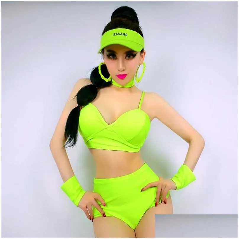 stage wear pole dance clothing nightclub gogo costumes dj hip hop jazz dancing fluorescent green bikini suit shorts rave dnv14902