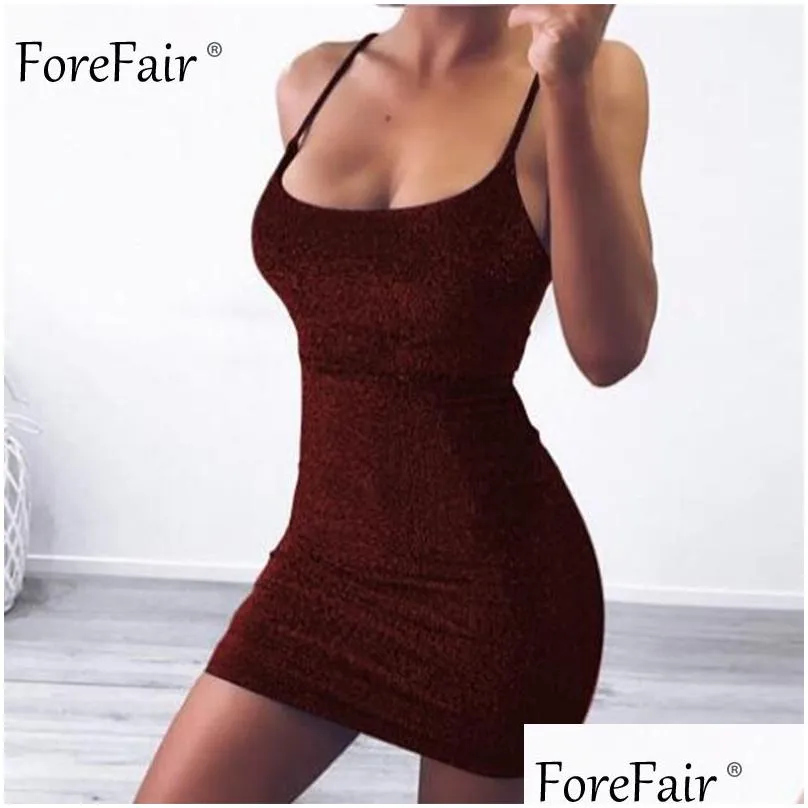 forefair mini party dress glitter sexy bodycon spaghetti strap backless off shoulder short sparkle clubwear summer dress women y200101