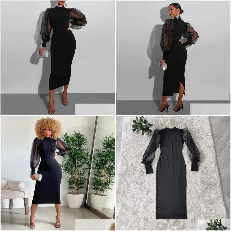 casual dresses mesh puff long sleeve bodycon midi women high neck sexy clubwear split pencil black slim womens party robe 220921