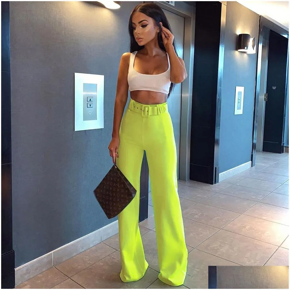 toplook neon wide leg pants summer women high waist streetwear festival trousers loose black clothes office ladies belt y200114