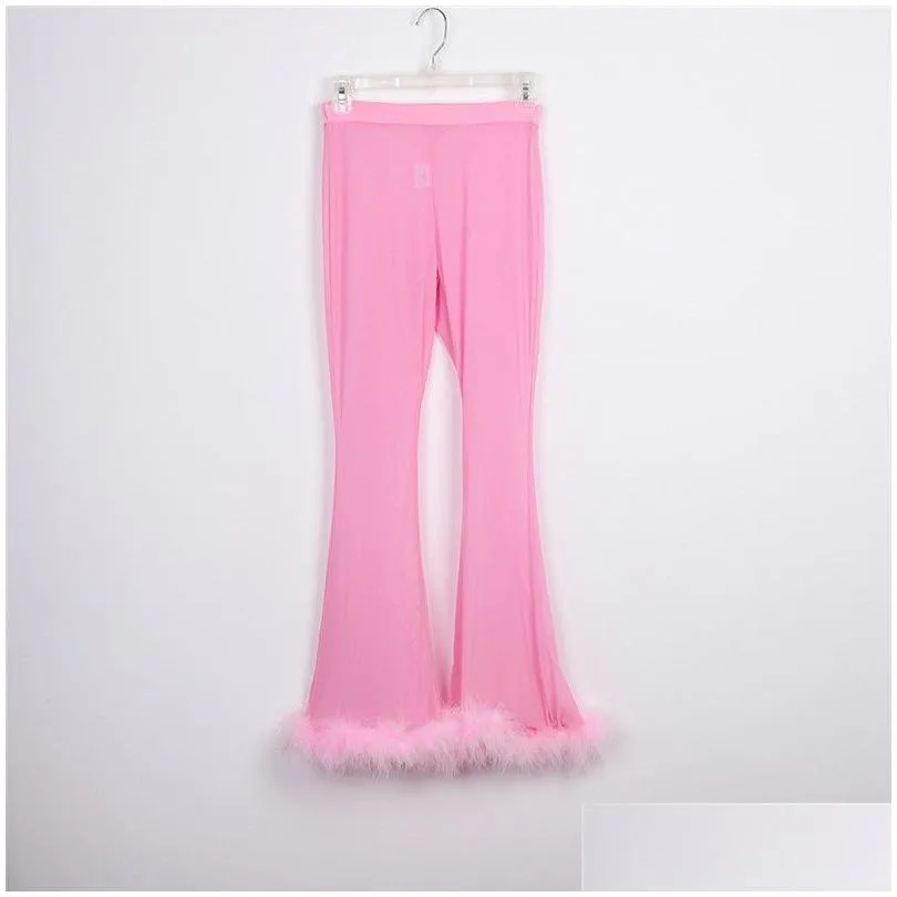 sexy see through tracksuits two piece set women fluffy fur crop top flare pants 2 piece outfits fashion sweatsuit matching sets