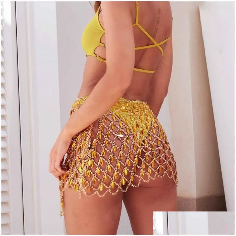 sexy metal chain sequins shining skirt women crazy summer beach hollow out crystal rhine diamond night club party mini skirts y200326