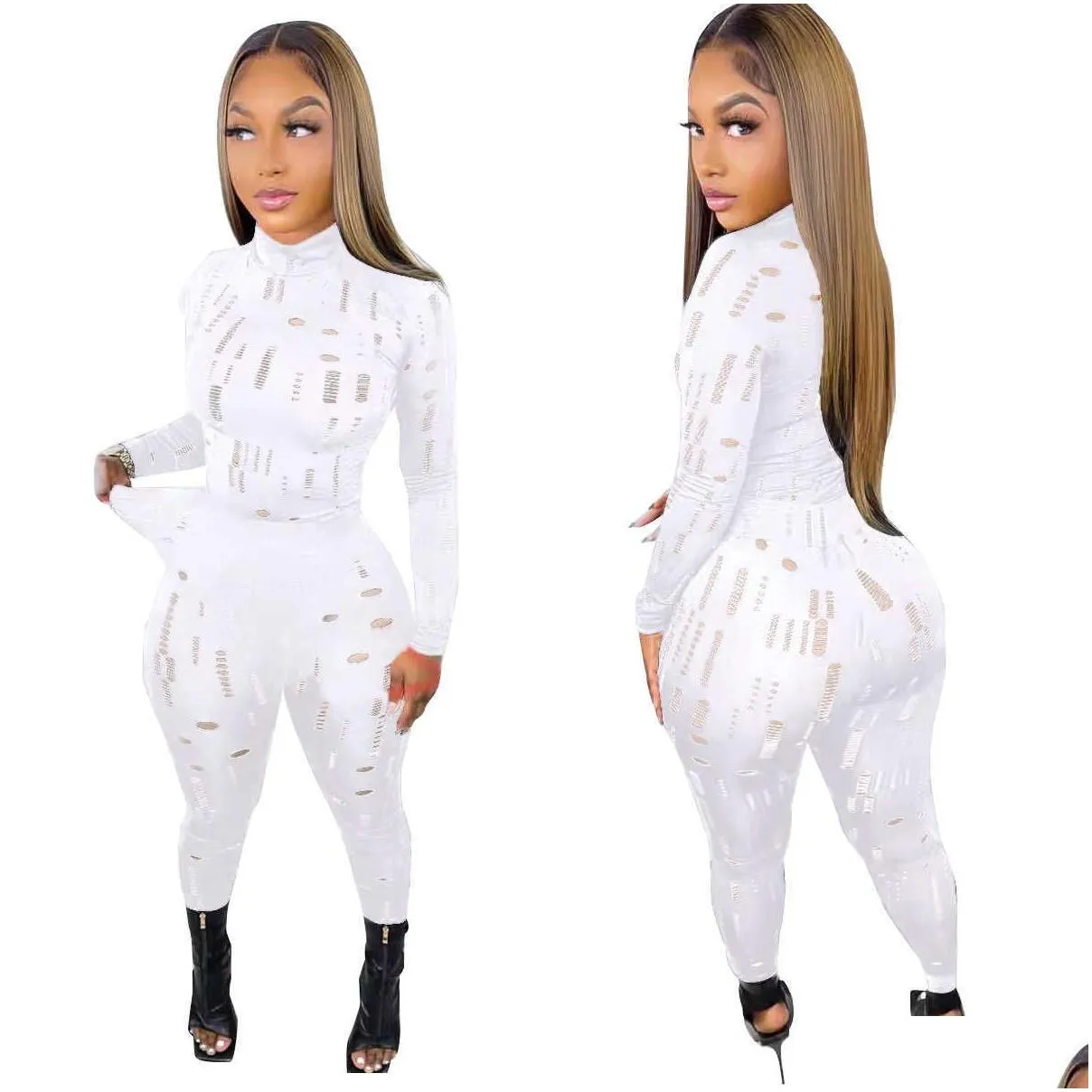 women elastic tracksuits sexy hole high neck long sleeve top and leggings set for spring and autumn 2023