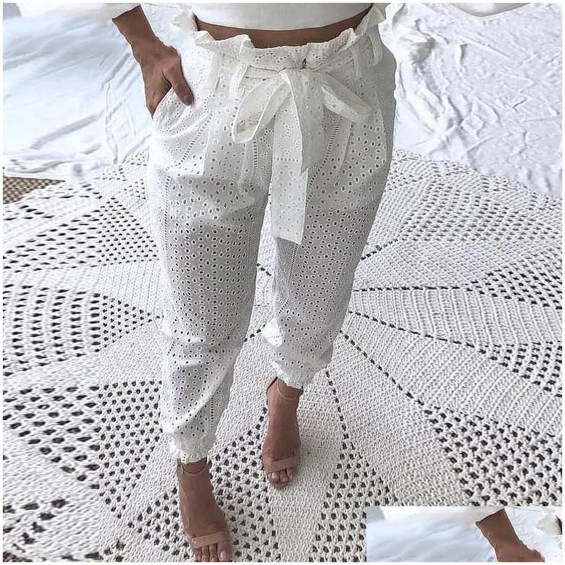 paperbag waist broderie lace casual pant classy drawstring regular casual lace hollow out streetwear holiday office pants y200418