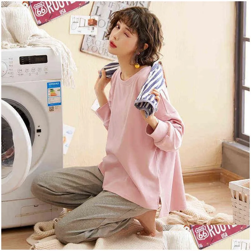 atuendo autumn vintage solid pajama sets for women 100% cotton pjs satin soft sleepwear atoff home korean silk lounge nightwear 211116