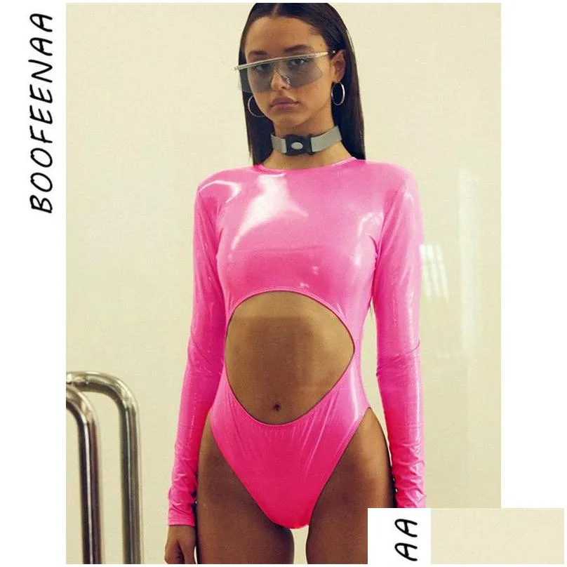 boofeenaa sexy pink pu leather long sleeve bodysuit women hollow out backless bodysuits festival party clubwear c85-aa82 y200401
