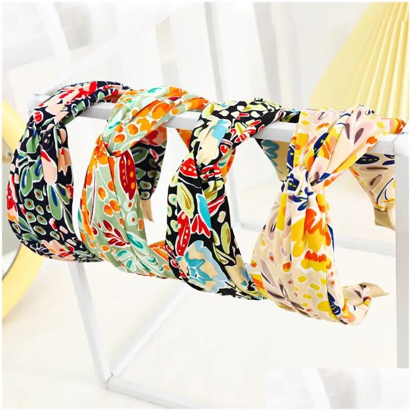 flower printing chiffon headbands for women gifts fashion floral fabric hairbands center knotted hair ornaments girls ladies hair