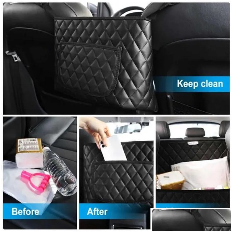 leather car storage bag seat middle organizer box car interior net pocket handbag holder for cup phone travel stowing tidying