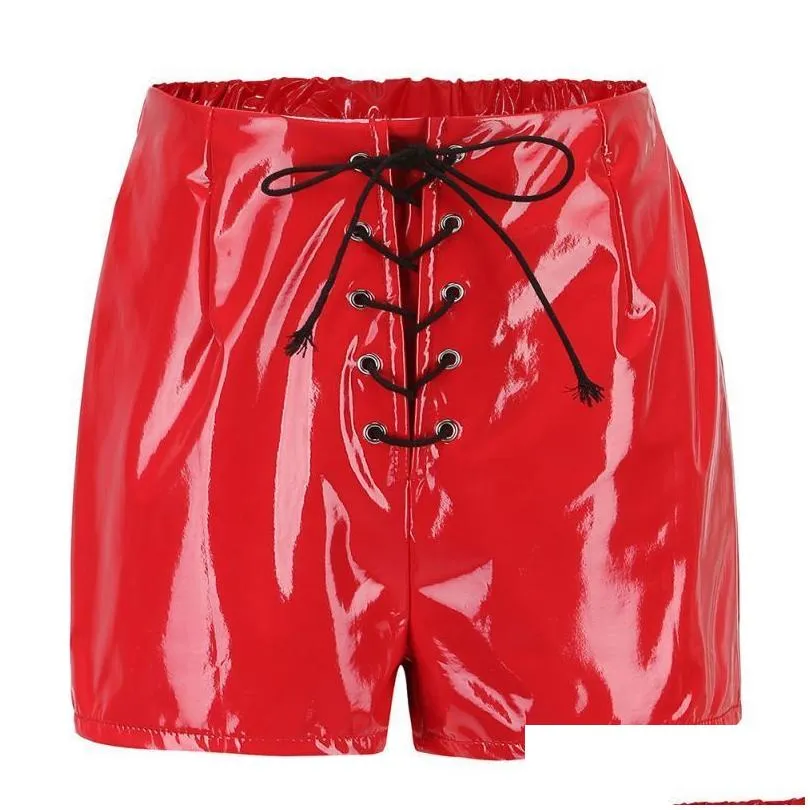 women sexy pu leather shorts lace up red black high waist shorts bandage mini women shorts y200512