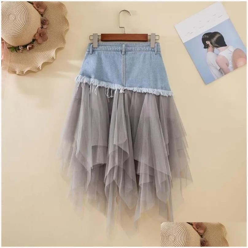 summer denim saia jeans skirt women irregular high waisted meshwork long pleated mid-calf tulle skirts tutu high street y200326