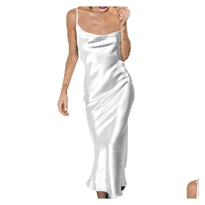 summer women satin long dress sexy sleeveless backless spaghetti strap silk mermaid es female nightclub party maxi 210701