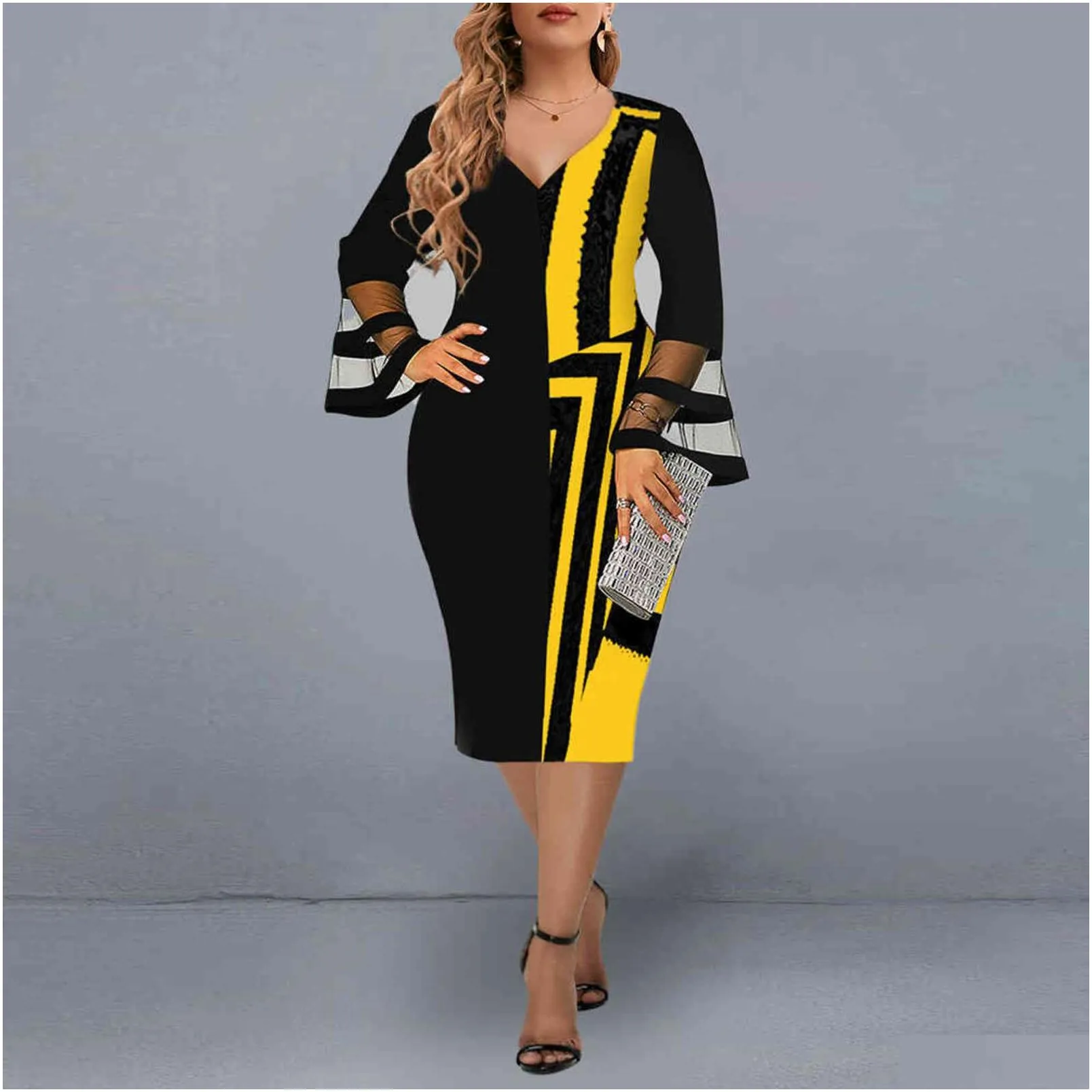 women dress plus size elegant mesh stitching color block long sleeve es black autumn mid christmas club party 211122