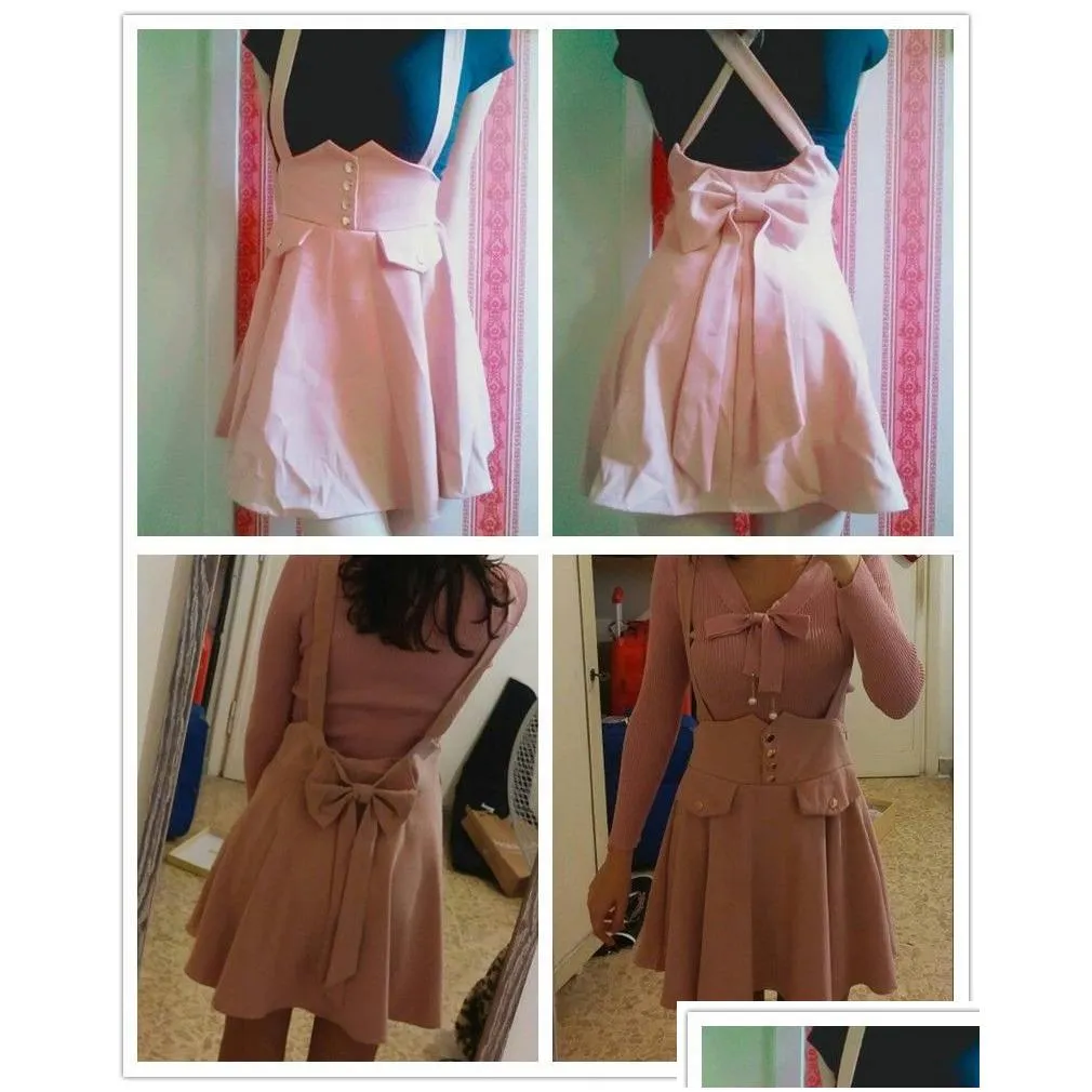 dotfashion pink button detail bow back pinafore skirt preppy style girls fit and flare skirt 2019 summer cute skirt y190430021484874